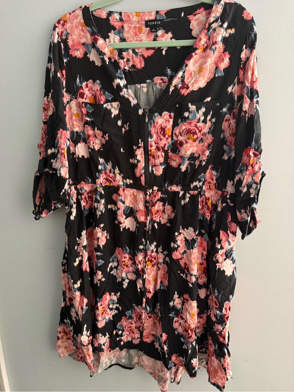 torrid Black Floral Zip-Front Dress with Pink Roses